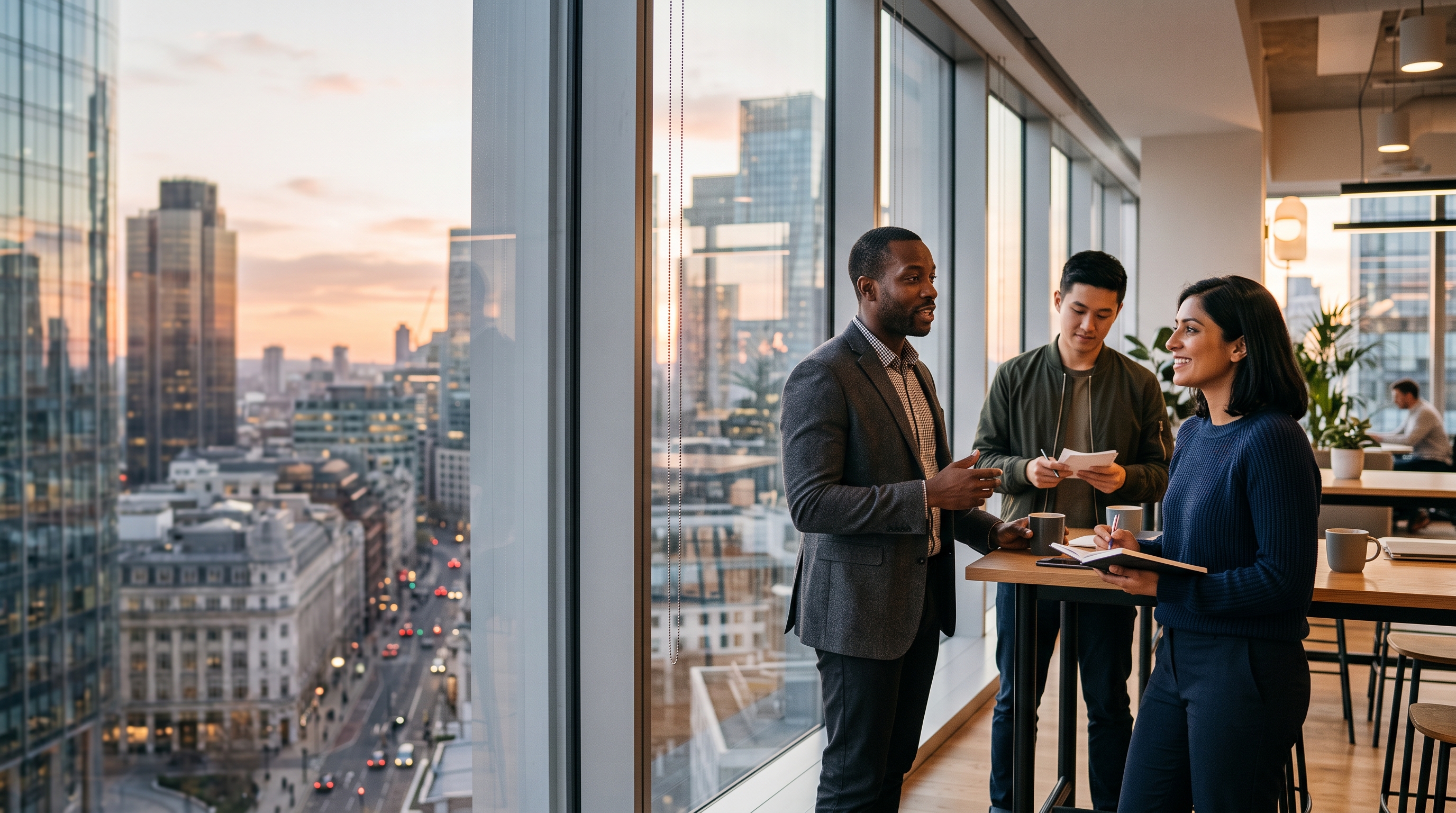 Three professionals collaborating in a modern glass office overlooking a sunset city skyline